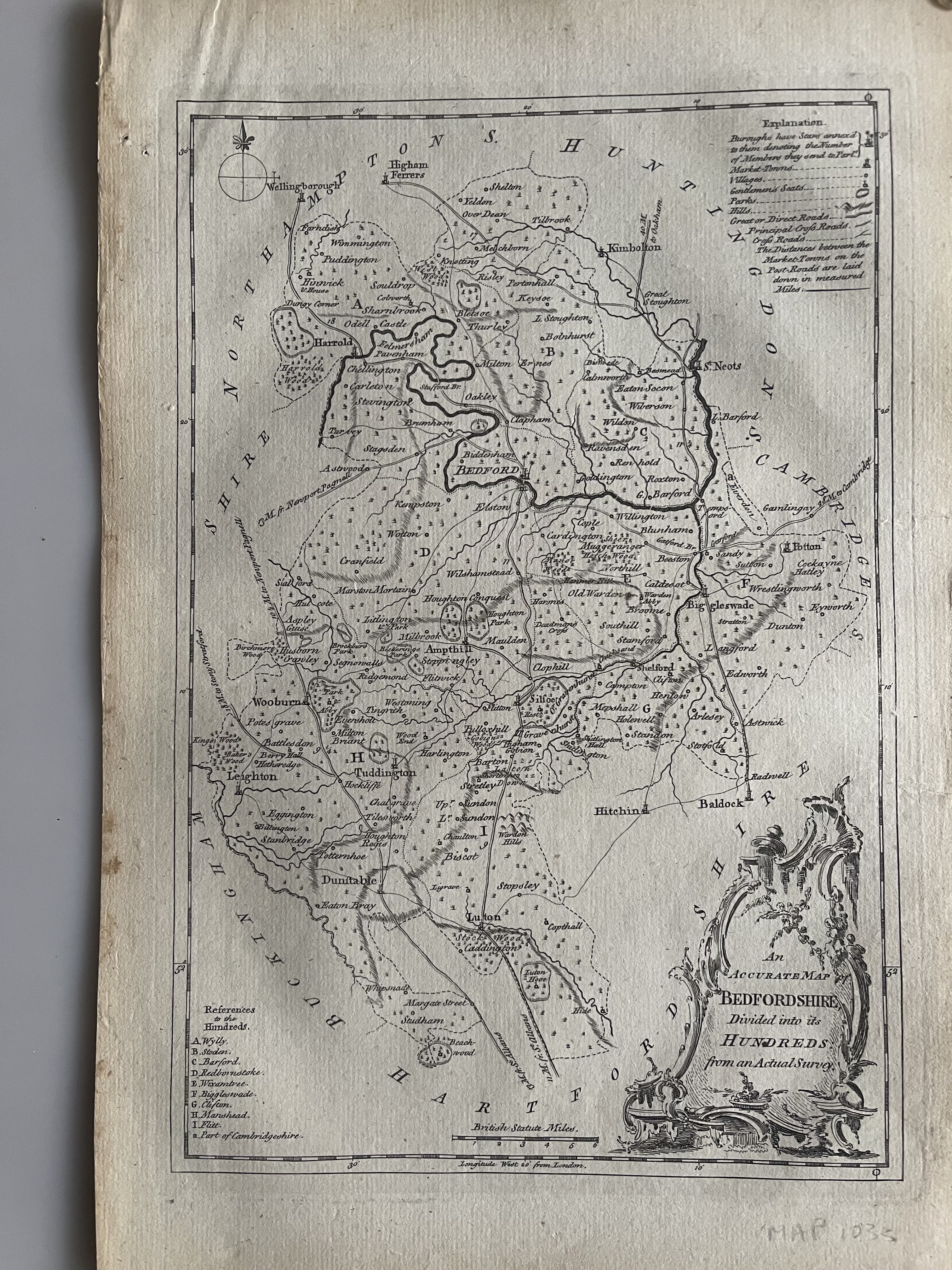 An Accurate Map of BEDFORDSHIRE Divided Into Its Hundreds from an Actual Survey